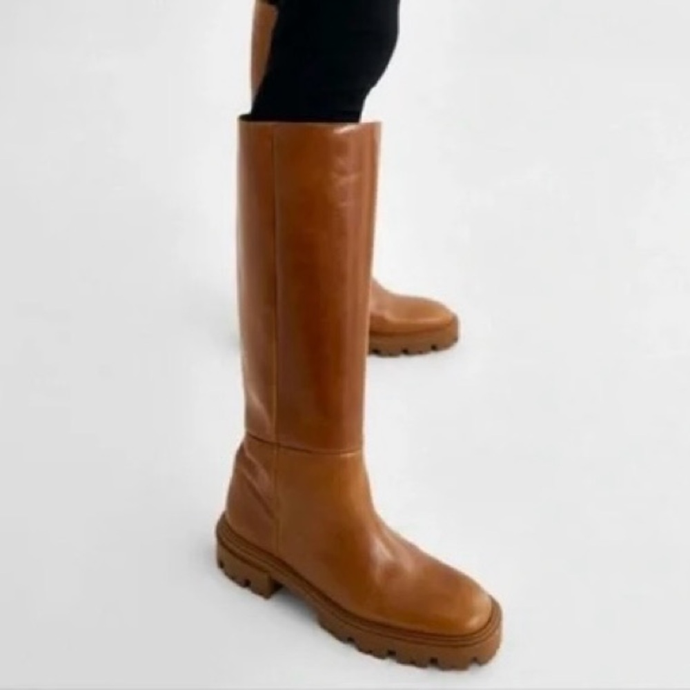 ZARA Flat Knee Brown Tall Leather Boots - Picture 8 of 16